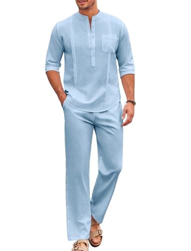 COOFANDY Men 2 Piece Linen Outfit Casual Button Down Henley Shirts Beach Yoga Pants Sets Guayabera Linen Suit - Image 1