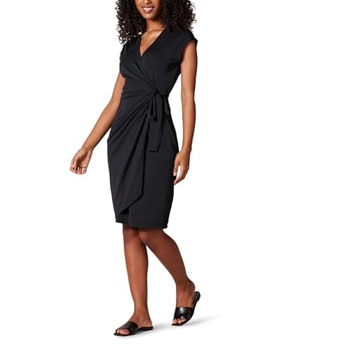 Amazon Essentials Women's Classic Cap Sleeve Wrap Dress (Available in Plus Size), Black, Large - Image 1