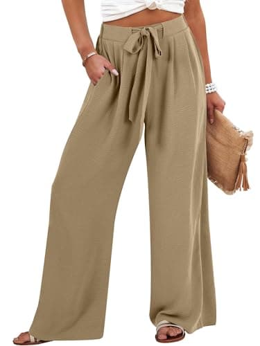 Caracilia Women Wide Leg Palazzo Pants Summer High Waist Flowy Casual Trousers Loose Lounge Beach Travel Vacation Clothes Khaki XX-Large - Image 1