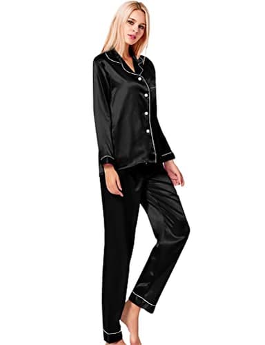 SWOMOG Womens Silk Satin Pajamas Long Sleeve Loungewear Two-piece Sleepwear Button-Down Pj Set (Large, Black) - Image 4