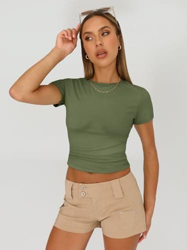 AUTOMET Womens 3 Piece Short Sleeve Shirts Basic Going Out Slim Fitted Crop Tops 2025 Summer Y2k Clothes Black,White,Army Green XL - Image 5