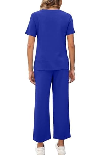 XIEERDUO Summer Sweatsuit for Women Two Piece Summer Outfits 2 Pc Lounge Set Spring Short Sleeve Tracksuit Wide Leg Loungewear Vacation Clothes Women's Track Suit Blue XL - Image 5
