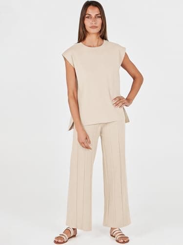 ANRABESS Women 2 Piece Lounge Sets Summer Casual Knit Sweater Vest Pant Set Beach Vacation Airport Outfits Clothes Apricot Medium - Image 2