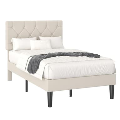 VECELO Twin Size Bed Frame with Button Tufted Headboard, Upholstered Platform Bedframe with Wood Slat Support, No Box Spring Needed, Beige - Image 8