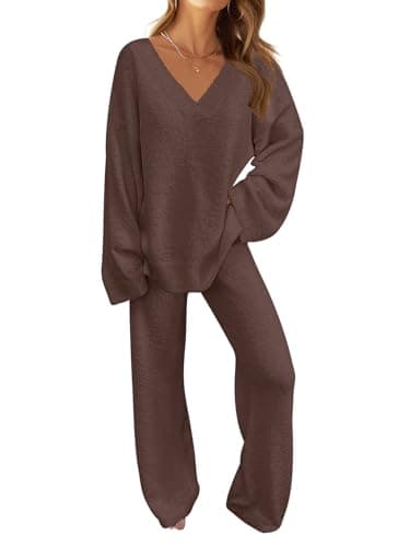 MEROKEETY Women's Lounge Sets 2025 Fall Fashion 2 Piece Outfits Sweater Pajama Set Fuzzy Loungewear Matching Winter Clothes, Coffee, L - Image 1