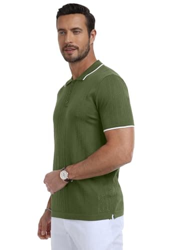 KUYIGO Men's Knit Hollow Out Polo Shirts Short Sleeve Button Collared Shirt Fashion Casual Summer Tops Army Green Small - Image 2