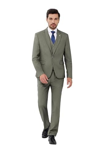 MAGE MALE Mens Suits Slim Fit 3 Piece Tuxedo Suit One Button Solid Prom Wedding Party Blazer Vest Pants Set with Tie Olive Green - Image 4