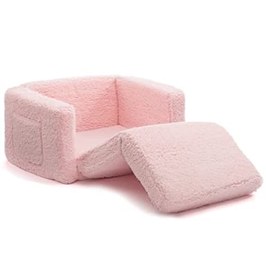 ALIMORDEN 2-in-1 Flip Out Cuddly Sherpa Toddler Couch Convertible Sofa to Lounger, Pink - Image 7