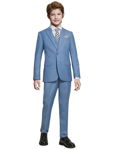 Marvelous World Boys Suits Blue Gray Slim Fit Size 8 Formal Suits for Kids Toddler Tuxedos Dresswear Ring Bearer Outfit Boys' Wedding Suits Set Dress Clothes Teen Youth 5-Piece Adjustable Waist - Image 3