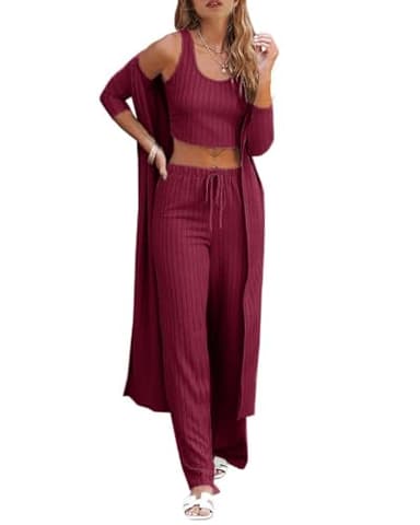 Fessceruna Womens 3 Piece Lounge Sets Pajamas Knit Long Sleeve Cardigan Crop Top Wide Leg Pants Loungewear Set A-wine Red - Image 1