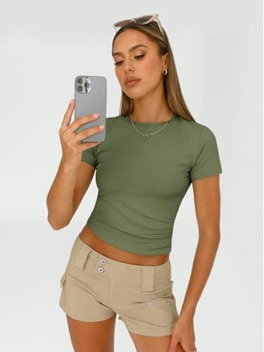 AUTOMET Womens 3 Piece Short Sleeve Shirts Basic Going Out Slim Fitted Crop Tops 2025 Summer Y2k Clothes Black,White,Army Green XL - Image 3