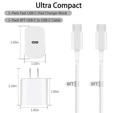 iPad Fast Charger,iPad Charger Fast Charging USB C Wall Chargers Block Plug Type C 6FT USB C to C Charging Cable Cord for iPad Pro 13/12.9/11 inch,iPad Air 6/5/4/M3/M2/A16,iPad Mini 6/7th,iPad 10/11th - Image 5