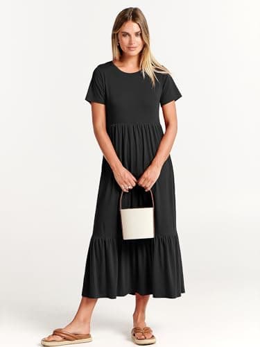 ANRABESS Womens 2025 Summer Casual Maxi Dress A line Tiered Flowy Short Sleeve Crewneck T Shirt Beach Travel Long Dresses Black Large - Image 2