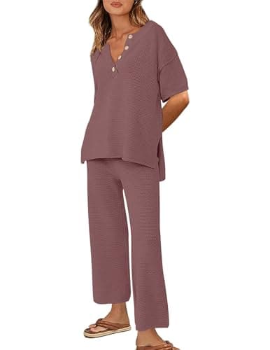 Ekouaer Sweater Set for Women Pullover Top and Wide Leg Pants Soft Knit Sets Loungwear Casual Outfits Dusty Rose,S - Image 1
