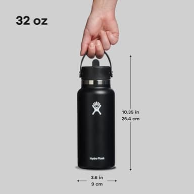 Hydro Flask Water Bottle - Insulated Stainless Steel - Wide Mouth Flex Straw Lid, Non Spill, Leakproof and Refillable in 32 Oz Black - Image 7