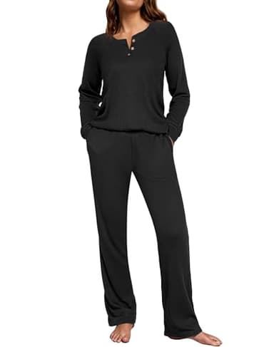 Ekouaer Waffle Knit Pajamas for Women Set Long Sleeve Pants Pj Henley Tops Lounge Sets Comfy Sleepwear with Pockets Black XL - Image 1