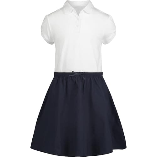 IZOD Girls' School Uniform Short Sleeve Polo Dress with Poplin Skirt & Pockets, White/Navy, 7 - Image 1