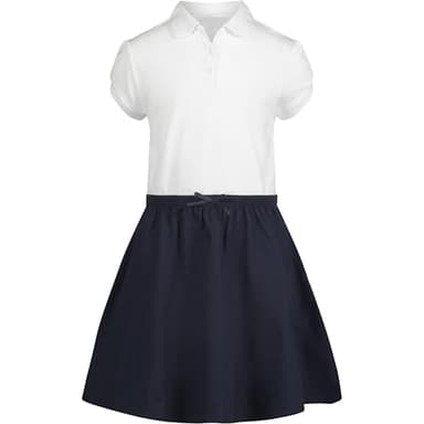 IZOD Girls' School Uniform Short Sleeve Polo Dress with Poplin Skirt & Pockets, White/Navy, 7 - Image 1