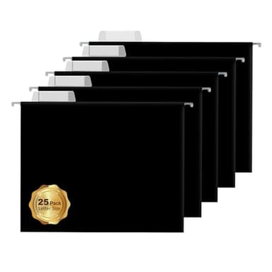 25 Packs Hanging File Folders,Black Letter Size File Folder,Designed for Bulky Files,Filing Cabinet,1/5 Adjustable Tabs for Office,School,Home - Image 1