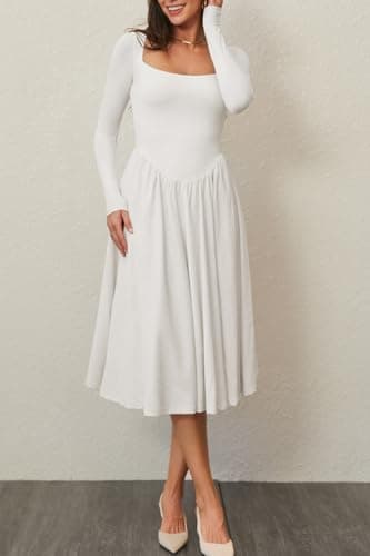 CHYRII Womens White Dress Spring Fashion 2025 Square Neck Long Sleeve Casual A-Line Midi Dress S - Image 2