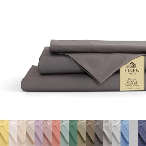 Linen Home 100% Cotton Percale Sheets King Size, Charcoal, Deep Pocket, 4 Pieces Set - 1 Flat, 1 Deep Pocket Fitted Sheet and 2 Pillowcases, Crisp Cool and Strong Bed Linen - Image 1