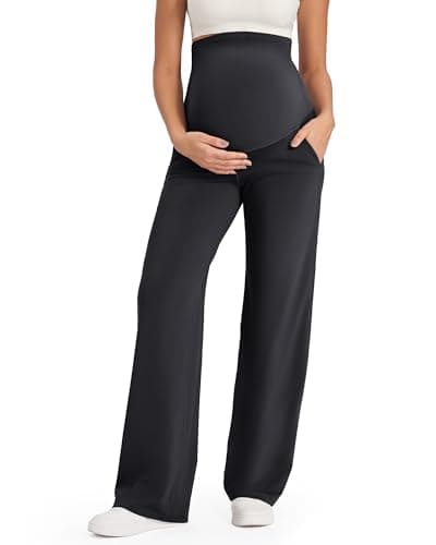 G4Free Maternity Pants with Pockets Over The Belly Pregnancy Leggings Wide Leg Yoga Pants for Business Casual (Black,M,30") - Image 1