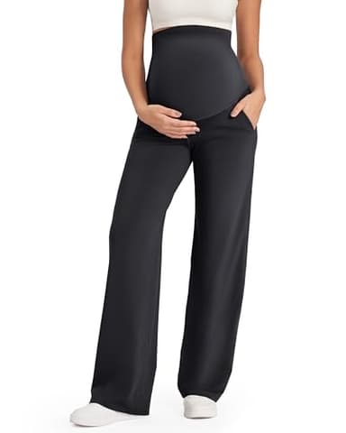 G4Free Maternity Pants with Pockets Over The Belly Pregnancy Leggings Wide Leg Yoga Pants for Business Casual (Black,M,30") - Image 1