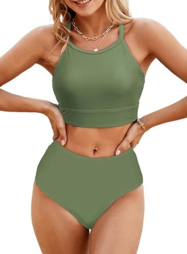 Herseas Women's Bikini Sets High Neck Floral Print High Waisted Longline Two Pieces Swimsuits Seamless Sporty Teens Resort Wear Green Bathing Suits Large - Image 1