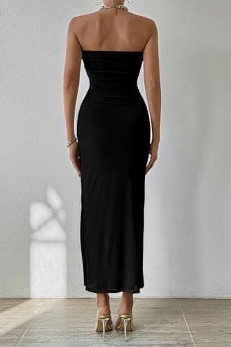 PRETTYGARDEN Women's Summer Maxi Bodycon Dresses Strapless Tube Top Printed Long Party Club Slit Dress (Solid Black,Small) - Image 2
