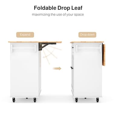 Ahomly Kitchen Island with Storage, Island Table for Kitchen with Drop Leaf, 5 Wheels, Interal Storage Rack, a Drawer, Spicy Rack and Towel Bar, Sufficient Countertop Space and Storage, White - Image 8