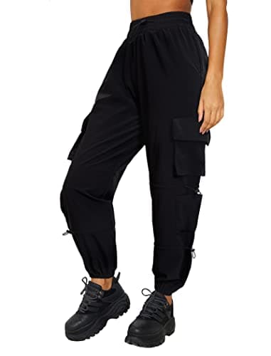 DLOODA Quick Dry Cargo Pants Lightweight Tactical Hiking Pants with 6 Pockets for Women, Elastic Waist and Water-Resistant Black - Image 1