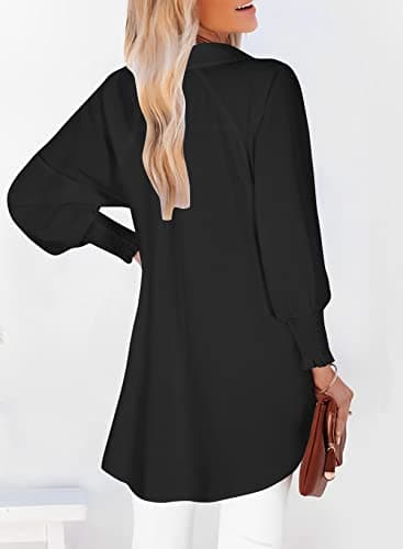 Womens Smocked Cuffed Solid Boyfriend Shirt Casual Collar Long Sleeve Oversized Button Down Blouse Tops with Pocket Shirred - Image 2