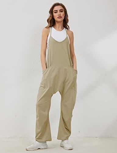 Lentta Women's Causal Jumpsuits V Neck Sleeveless Harem Overalls Stretchy Adjustable Strap Romper with Pockets(DarkKhaki-M) - Image 4