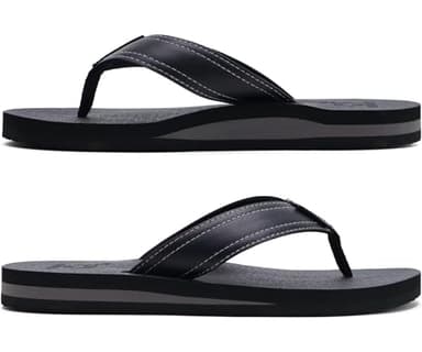 KuaiLu Men's Leather Flip Flops Arch Support Summer Beach Pool Water Thong Sandals Waterproof Rubber Walking Shoes Slip on Orthotic Casual Sport Cushioned Wide Slides Shower Slippers Black Size 14 - Image 8