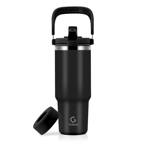 VUSIGN 30 oz Tumbler with Handle and Flip Straw, Stainless Steel Vacuum Insulated Water Bottle Travel Mug Thermal Cup for Home, Office, Car, Outdoors, Sports, Black - Image 1