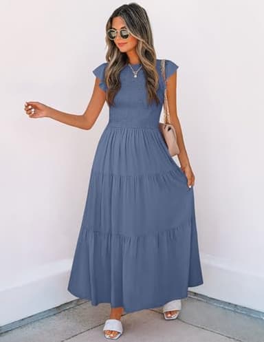 ZESICA Women's 2025 Summer Casual Flutter Short Sleeve Crew Neck Smocked Elastic Waist Tiered Midi Dress,Dusty Blue,Medium - Image 5
