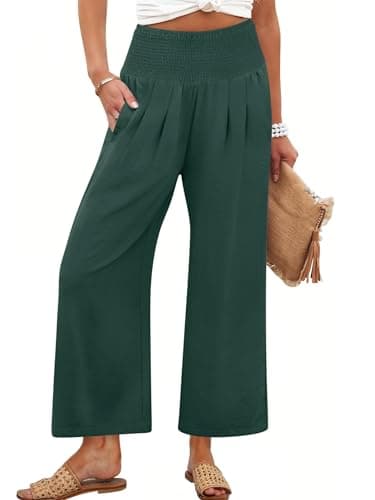ANRABESS Womens Pants Wide Leg High Waisted Palazzo Pants Summer Flowy Beach Lounge Casual Trousers with Pockets Dark Green Medium - Image 1