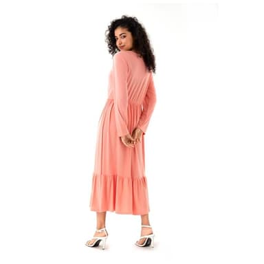 Women's Spring Solid V-Neck Long Sleeve Dress Loose Pleated Hem Fluttering Swing Midi Long Dresses with Pockets Orange Pink - Image 2