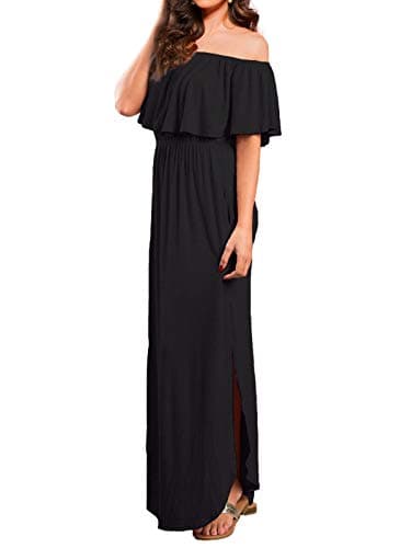 VERABENDI Women's Off Shoulder Summer Casual Long Ruffle Beach Maxi Dress with Pockets Black L - Image 2