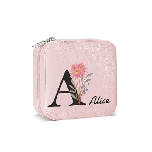 Personalized Jewelry Box with Initial and Name and Flower Custom Travel Leather Jewelry Organizer Box for Women Maid of Honor Gifts Birthday Valentine's Day Christmas Gifts for Girls and Mom - Image 1