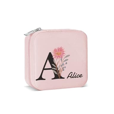 Personalized Jewelry Box with Initial and Name and Flower Custom Travel Leather Jewelry Organizer Box for Women Maid of Honor Gifts Birthday Valentine's Day Christmas Gifts for Girls and Mom - Image 1