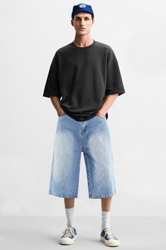 GINGTTO Mens Baggy Jorts Y2k Long Jean Shorts for Men 90s Wide Leg Denim Shorts Men Loose Light Blue 40 - Image 6