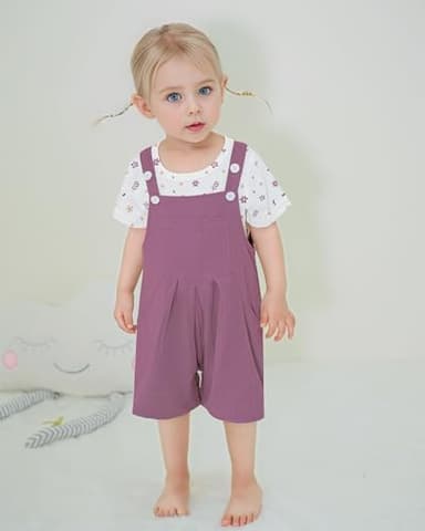 ZOEREA Toddler Girl Clothes, 2Pcs Baby Girl Outfits Spring/Summer Stripe/Floral T-Shirt+Bib Overall Shorts Clothing Set 1-5T (Purple A,12-18 Months) - Image 3