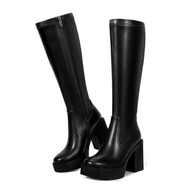 wetkiss Platform Side Zipper Knee High Boots Women Black Block Boots for Women Tall Long Platform Heel Boot Gogo Chunky Stretchy Boot Round Toe Black Size 10 - Image 3
