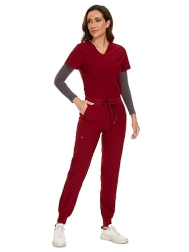 COZYFIT Women's Scrubs Set - Stretch V-Neck Top & Jogger Pant with 8 Pockets, Yoga Waistband, Anti Wrinkle, Slim Fit - Burgundy, 4XL, Tall - Image 6