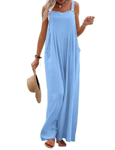 YESNO Women's Summer Casual Overalls Loose Wide Leg Jumpsuits Boho Baggy Rompers with Pockets 2XL PZH Solid Pale Blue - Image 1