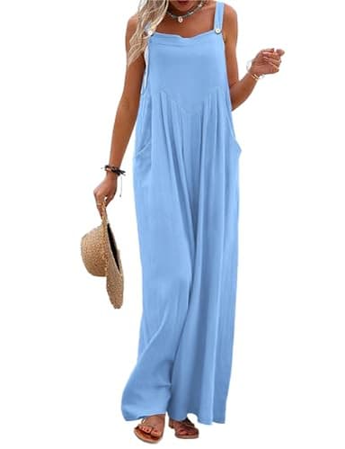 YESNO Women's Summer Casual Overalls Loose Wide Leg Jumpsuits Boho Baggy Rompers with Pockets 2XL PZH Solid Pale Blue - Image 1