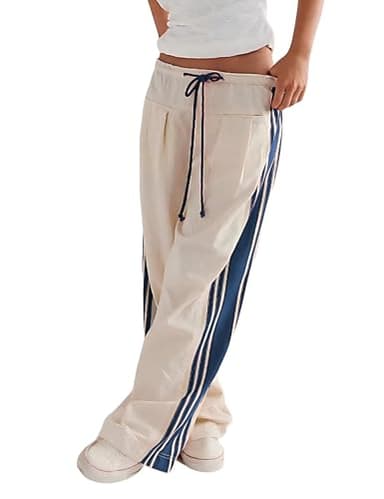 Hongsui Women's Wide Leg Pants Drawstring High Rise Side Striped Slouchy Palazzo Pants with Pockets (Apricot-XS) - Image 1