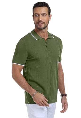 KUYIGO Men's Knit Hollow Out Polo Shirts Short Sleeve Button Collared Shirt Fashion Casual Summer Tops Army Green Small - Image 3