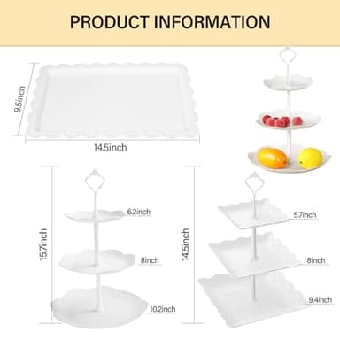 10 Pcs Cake Stand White Plastic Dessert Table Display Set 4 Pcs 3 Tired Cupcake Stand Cookie Tray Rack Serving Tray Cake Display Tower and 6 Pcs Dessert Trays for Wedding Baby Shower Tea Party (White) - Image 6